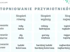 Tabela pokazuje stopniowanie przymiotników: proste, nieregularne i opisowe. Przymiotnik "miły" staje się "milszy" i "najmilszy".