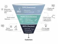 Embudo de marketing: TOFU (conciencia), MOFU (consideración) y BOFU (decisión). Contenido: blog, SEO, webinars, demos, etc.