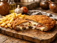 Cachopo jugoso, crujiente por fuera y relleno de jamón y queso fundido. Una deliciosa receta de cachopo, acompañada de patatas fritas.