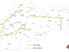 Mapa Słowacji z zaznaczonymi drogami płatnymi (pomarańczowe) i bezpłatnymi (przerywane). Winiety Słowacja to klucz do podróży po kraju.