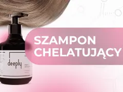 Butelka szamponu chelatującego "deeply" na tle falujących włosów. Dowiedz się, szampon chelatujący co to jest i jak działa.