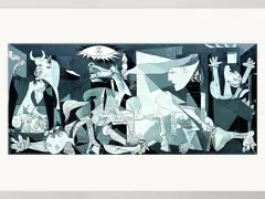 En kraftfull scen med en tjur, en häst och lidande människor, typiskt för Picasso målningar.