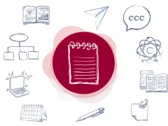 Un cuaderno, un portátil, un calendario y otros elementos gráficos que representan recursos para escritores.