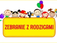 Radosne dzieci z balonami i konewką zapraszają na zebranie z rodzicami.