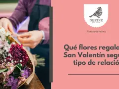 Manos arreglando un ramo de flores moradas y rosas. El texto dice: "Qué flores regalar en San Valentín según el tipo de relación".
