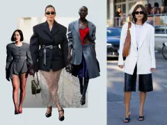 Kobiety w stylowych garsonkach: szarej, czarnej i białej. Eleganckie marynarki i spódnice lub szorty tworzą modne zestawy.