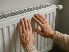 Dłonie ogrzewające się przy kaloryferze, symbolizujące potrzebę wsparcia w postaci dopłat do ogrzewania.