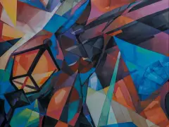 Abstrakte Komposition in leuchtenden Farben, die an den Stil des Kubismus erinnert. Geometrische Formen und Linien verschmelzen zu einem dynamischen Ganzen.