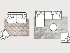 Disposizione di divani e poltrone con tappeti. Le dimensioni del tappeto davanti al divano sono indicate per creare un'area accogliente.