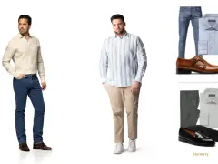Dos hombres modelan atuendos bussines casual: uno con camisa lino y jeans, otro con camisa a rayas y chinos.