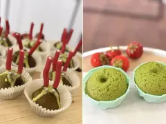 Dwa ujęcia: muffinki z czerwonymi patyczkami i posypką, oraz zielone muffinki z truskawkami.