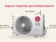 Unidad exterior de aire acondicionado LG con indicaciones de medidas: mínimo 300mm laterales y 600mm trasero.