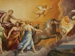 Scena inspirowana mitem o narodzinach świata wg Parandowskiego: Apollo na rydwanie, zaprzężonym w konie, prowadzi kobiety. Amor z pochodnią.