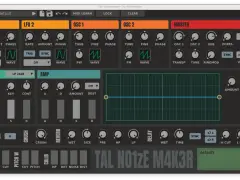 Interfejs syntezatora TAL-NoiseMaker, jednego z najlepszych synth VST, z pokrętłami LFO, oscylatorów, filtrów i efektów.
