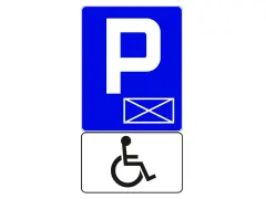 Niebieski znak "P" z kopertą i biały znak wózka inwalidzkiego. To parking dla niepełnosprawnych.