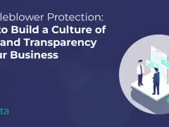 Illustration of people discussing a whistleblower policy, emphasizing trust and transparency in business.