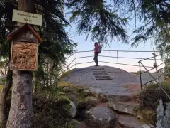 Widok na szczyt Kamienna Góra (704 m). Turystka podziwia panoramę, a obok drzewa ozdobiona kapliczka.