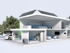 A modern smart home powered by solar energy, featuring an electric car charging, appliances, and a central control system, showcasing the internet of things in action.