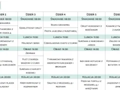 Tygodniowy plan posiłków, idealny dla diety 1500 kcal: owsianka, omlety, sałatki, kaszotto, kurczak i sernik.
