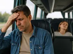 Mężczyzna z ręką na czole w autobusie, cierpiący na chorobę lokomocyjną. Obok śpi młoda kobieta.