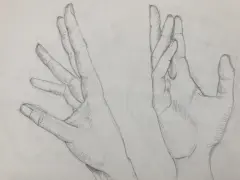 Deux mains esquissées au crayon, l'une ouverte, l'autre fermée. Un dessin facile à dessiner pour s'entraîner.