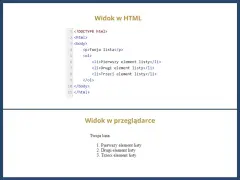 Kod HTML tworzy listę: "Twoja lista" z trzema elementami. Widok w przeglądarce pokazuje tę listę.