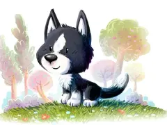 Uroczy szczeniak rasy border collie siedzi na trawie wśród kolorowych drzew. Wesołego 26 sierpnia dnia psa!