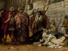 Scena z najsłynniejszymi obrazami w Muzeum Narodowym w Warszawie: ofiara byka i triumfujący Rzymianie.