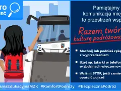 Dziewczyna z plecakiem czeka na autobus na przystanku na żądanie. Pamiętajmy o kulturze podróżowania komunikacją miejską.