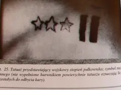 Trzy gwiazdy i dwie pionowe kreski – tatuaże więzienne, symbolizujące stopień wojskowy i czas pozostały do odbycia kary.