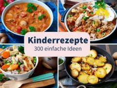 Vier leckere, gesunde Kindergerichte: Gulasch, gebratener Reis, Nudeln mit Hackfleisch und Bratkartoffeln.