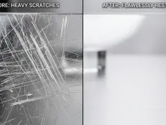 Before: heavily scratched polycarbonate. After: flawlessly restored. This shows that polycarbonate does scratch easily, but can be repaired.