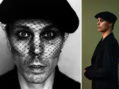 Dwie fotografie: zbliżenie na twarz him ville valo w woalce i beret, oraz postać w czarnym płaszczu i kaszkiecie.