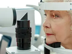 Starsza kobieta podczas badania wzroku, które może wykryć widzenie tunelowe.