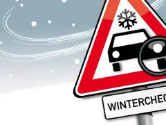 Warnschild mit Auto, Schneeflocke und Lupe, darunter "WINTERCHECK".