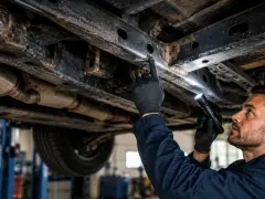 Meccanico esamina il sottoscocca di un'auto, illuminando con una torcia per verificare la conformità all'art. 74 CDS.