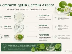 Infographie expliquant l'action de la Centella Asiatica sur la peau, détaillant ses centellosides et leurs bienfaits.
