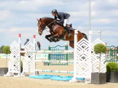 Un cavalier et son cheval, un étalon kannan, franchissent un obstacle lors d'une compétition d'équitation.