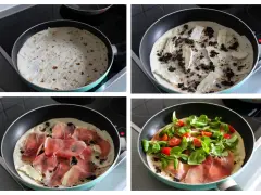 Przygotowanie piadiny z serem brie, oliwkami i szynką parmeńską, a na koniec dodatek świeżej sałatki i pomidorków.