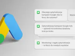 Google Ads logo i powiadomienia o tym, jak optymalizacja kampanii Google Ads prowadzi do sukcesu.