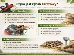 Budowa i działanie rębaka tarczowego: tarcza tnąca, noże, łopatki wyrzucające zrębki. Idealny do gałęzi, zapewnia precyzyjne cięcie.