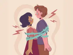 Coppia abbracciata, circondata da spine. Lacrime sui volti, fulmini intorno. Un'immagine che evoca l'ossessione in amore, un legame doloroso.