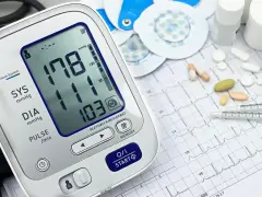 Cyfrowy ciśnieniomierz pokazuje wysokie ciśnienie 178/103. Obok leżą tabletki, elektrody EKG i papier z zapisem EKG, sugerując monitorowanie holterem ciśnieniowym.