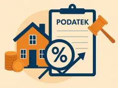 Dom, stos monet i dokument z napisem "PODATEK" oraz symbolem procentu i strzałką w górę. Podatek od sprzedaży nieruchomości.