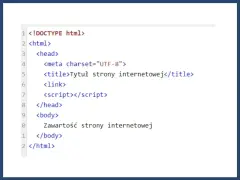 Fragment kodu HTML z podstawową strukturą strony: doctype, html, head (z meta, title, link, script) i body. To prosty komentarz do kodu.