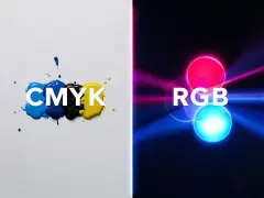Kontrast między drukiem CMYK a światłem RGB. Plamy farby cyjan, magenta, żółtej i czarnej obok neonowych kół czerwonego, zielonego i niebieskiego.