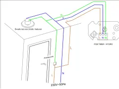 Schemat podłączenia wentylatora łazienkowego z czujnikiem wilgotności. Pokazuje połączenie z przełącznikiem, światłem i modułem PCB Timer - Hygro.