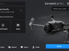 DJI Mavic 4 Pro interface shows "Before You Fly" and "FlySafe requires update." A drone is featured.