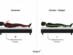 Illustration comparant un mauvais alignement de la colonne vertébrale (rouge) et un bon alignement (vert) pour éviter le mal de dos. Bien choisir son matelas aide à retourner son matelas mal de dos.