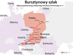 Mapa Kolejowego Korytarza Towarowego nr 11, znanego jako autostrada bursztynowa, łączącego kraje Europy Środkowej od Bałtyku po Adriatyk.